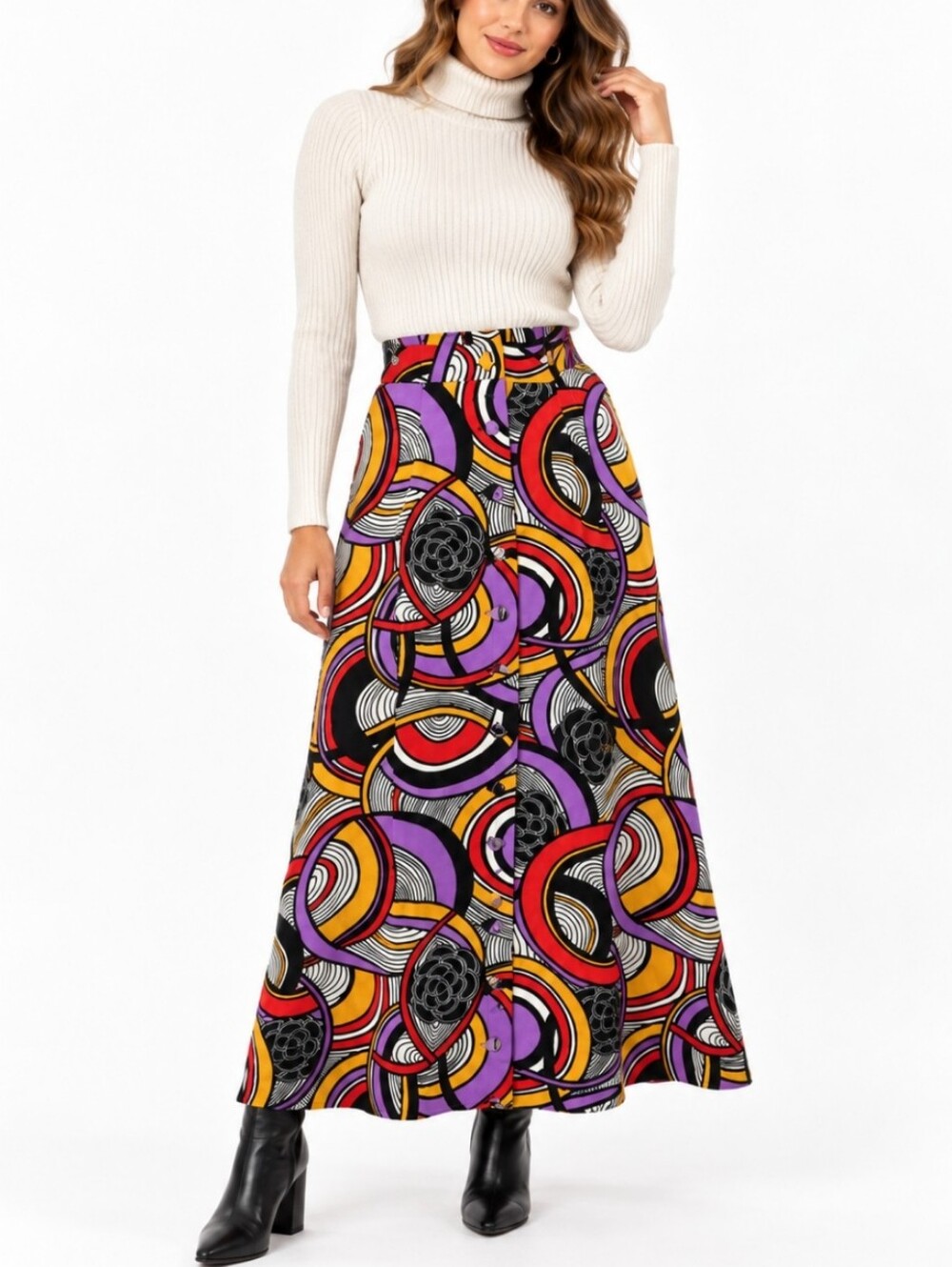 Vintage Hobnobber Medium High Rise Psychedelic Multi Color Button Up Maxi Skirt